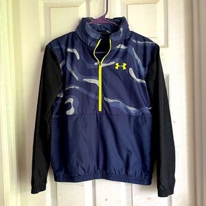 Under Armor Navy/Camo Half Zip Windbreaker with Hidden Hood, Youth Large